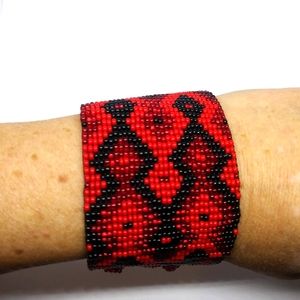 Handmade beaded cuff bracelet red and black